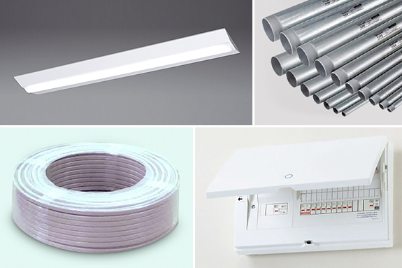 配線器具、配管材、照明器具等の電気工事材料、建築材料の販売。